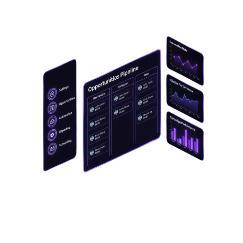 ZeroMotion CRM platform isometric view showing automation features